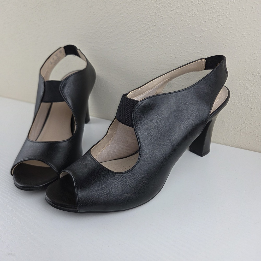 LifeStride Celestia Black Peep Toe Slingback Slip On Stretch Pumps Heels Wmns 9M